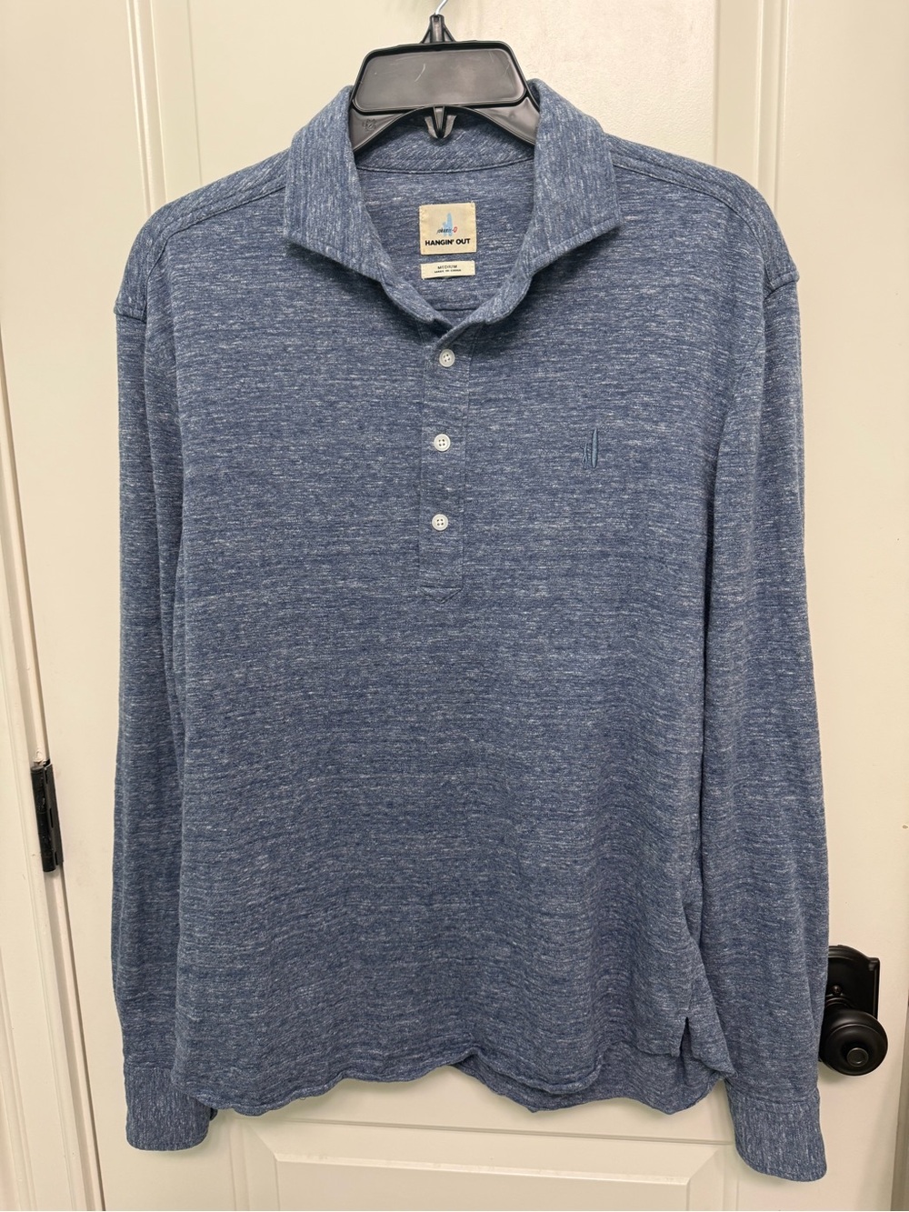 Johnnie-O blue heathered long-sleeve polo shirt with three-button placket - M